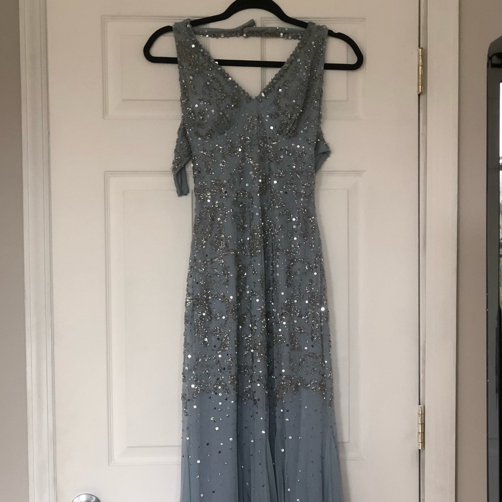 Light Blue Silver Beaded Open Back Gown Prom Dress